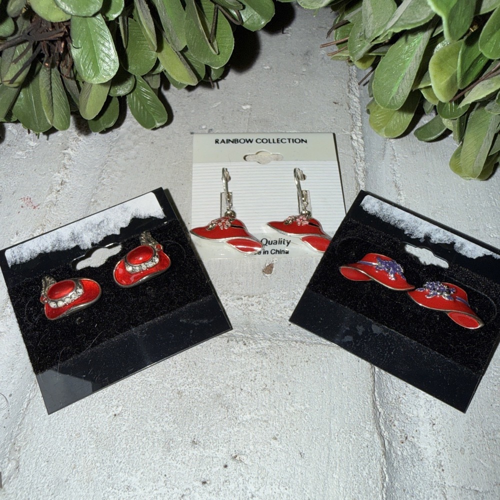 Red Hat Purple Accent Earrings ~ Red Hat‎ Society Rhinestone Earrings Lot Of 3